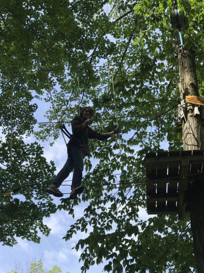 A man hanging from a tree in the air.
