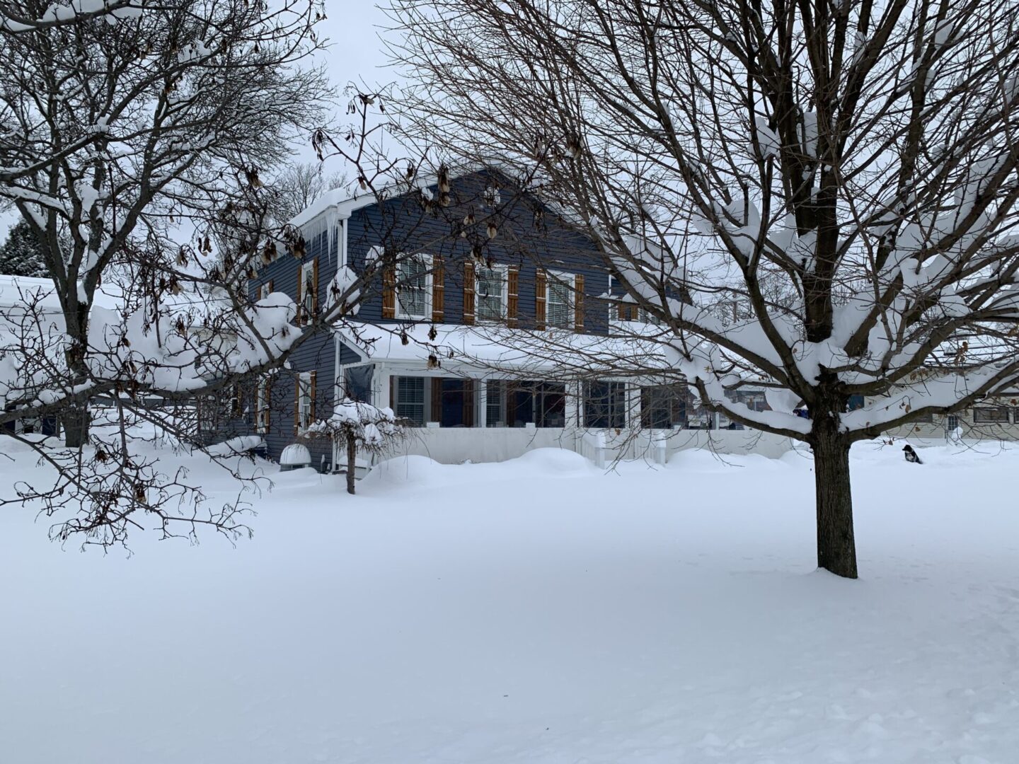 A house with snow on the ground and trees