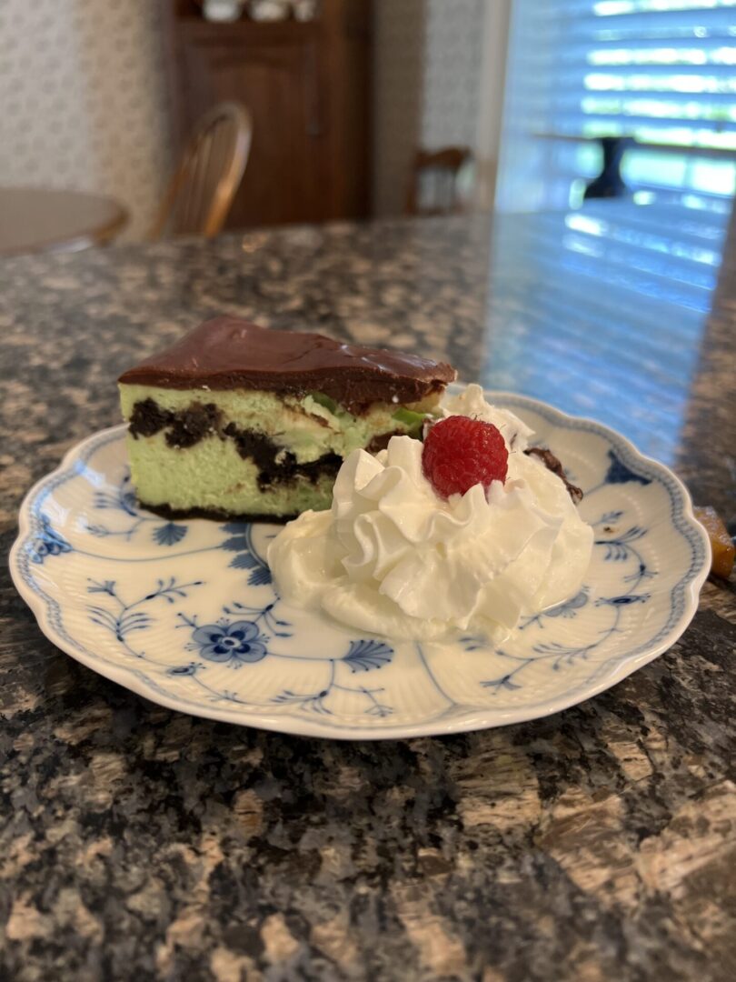 A plate with cake and whipped cream on it.