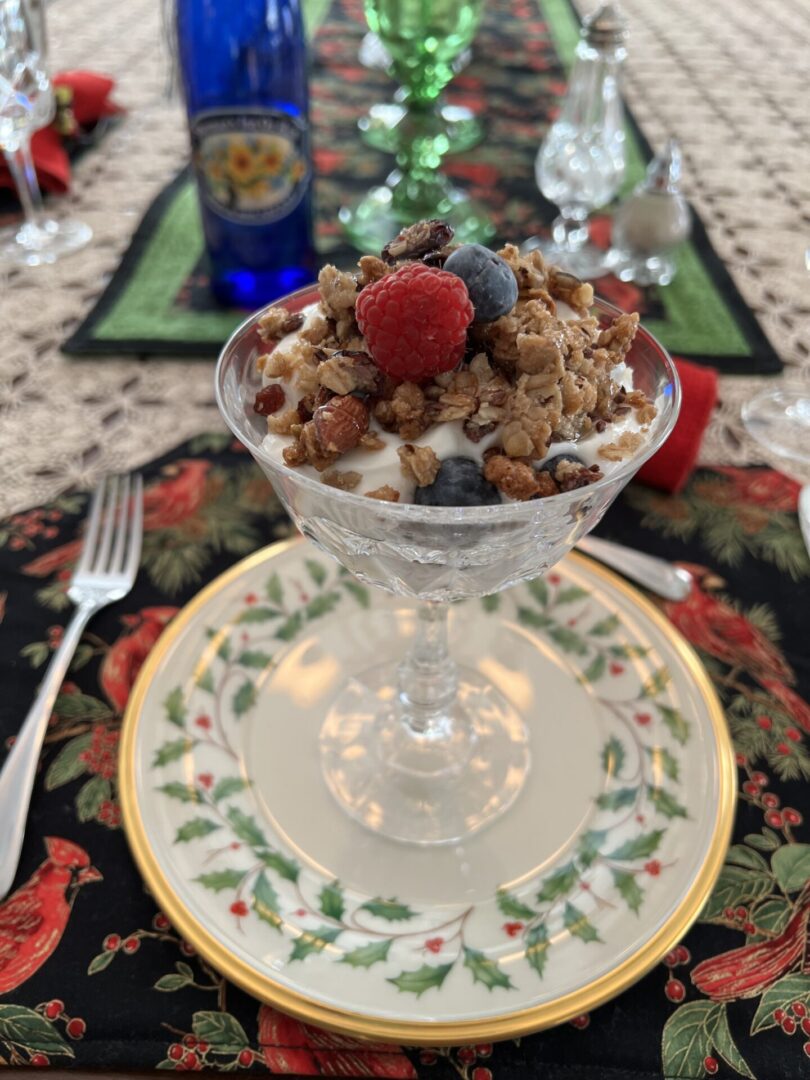 A bowl of cereal on top of a plate.